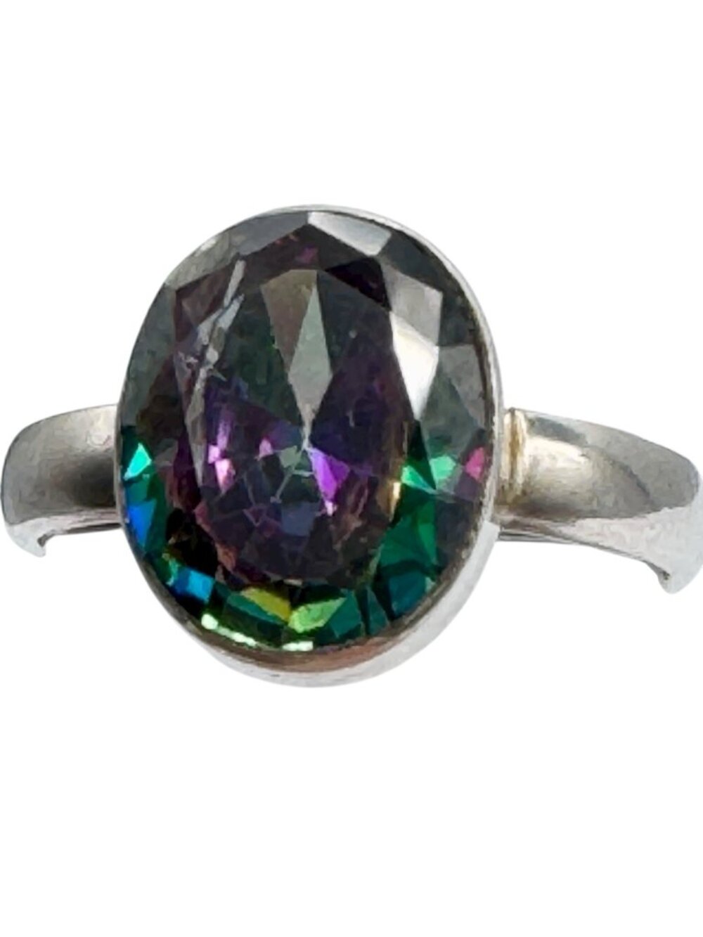 Mystic Topaz Ring Sterling Silver Rainbow Faceted Large 10mm Gemstone Size 7